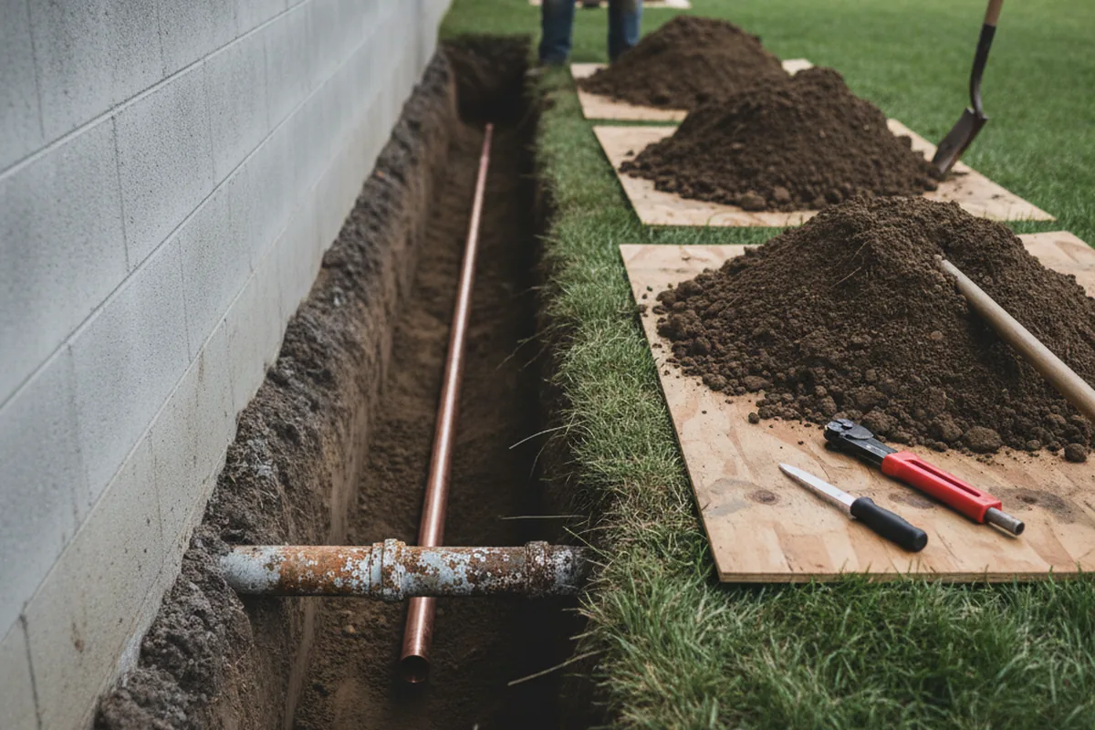Excavated water line trench during Water Softener Installation in Everetts